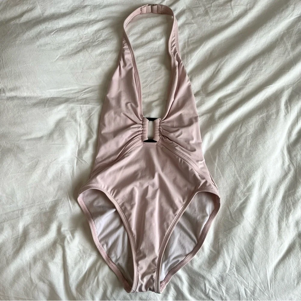 Anne Cole Light Pink Plunging Halter O-Ring One Piece Swimsuit Size 10